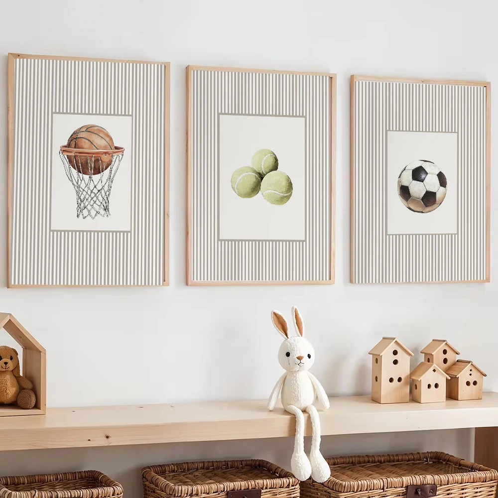 Affiche murale vintage style rayé avec illustrations sportives (baseball, football, golf, basketball) pour chambre d'enfant, peinture sur toile, décoration intérieure