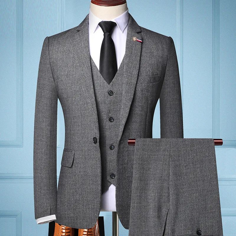 

KIDWHXR Men Suit Set Turn Down Collar Blazer Male V-neck Vest Straight-leg Pant Man Retro Plaid Slim Business 3-piece Outfit