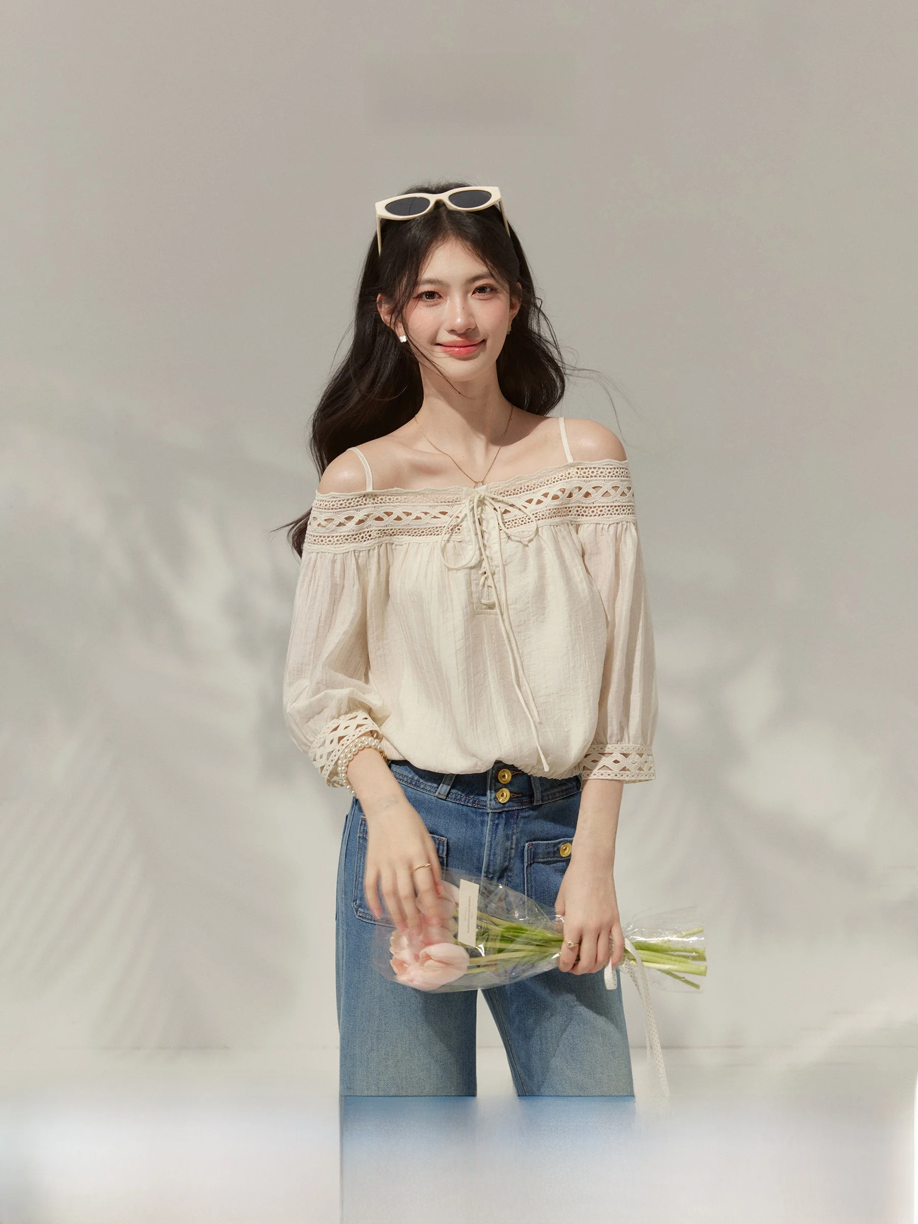 

Ouyang Xi French Countryside Style Women's Shirt One Shoulder Long Sleeve Lace Trim Thin Summer Top Loose Fit Regular Length