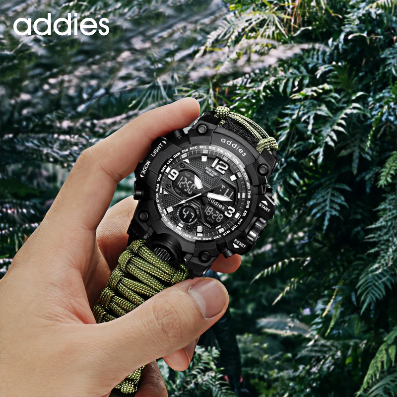 ADDIES Military Survive Outdoor LED Digital Watch  Multifunction Compass Whistles Waterproof Quartz Army Watch relogio masculino