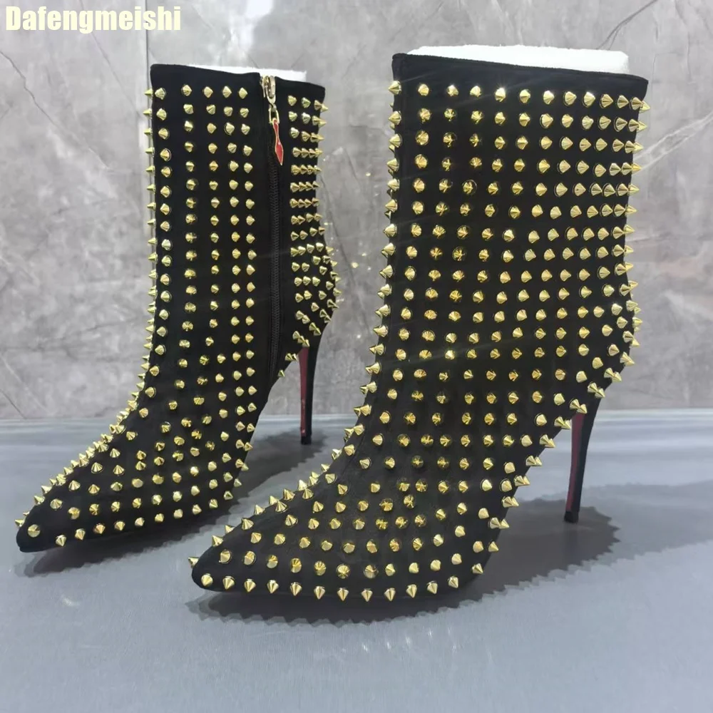 

Metal Rivet Sheepskin Fashion Boots 2025 New Pointed Toe Stiletto Heel Side Zipper Mid-Calf Boots Catwalk Stage Novelty Boots