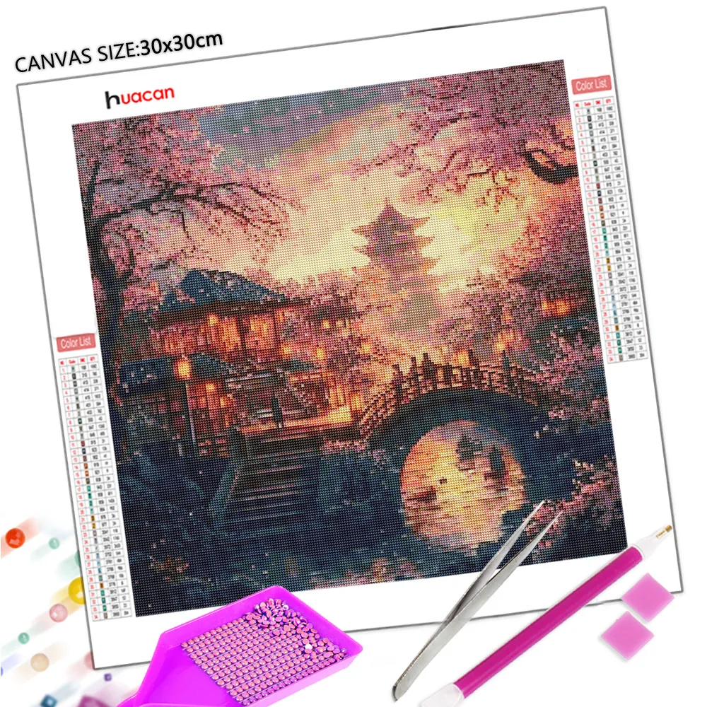 Huacan Cherry Blossom Bridge Landscape For Adults DIY Diamond Painting Crafts Full Drills Set Home Decors Gift