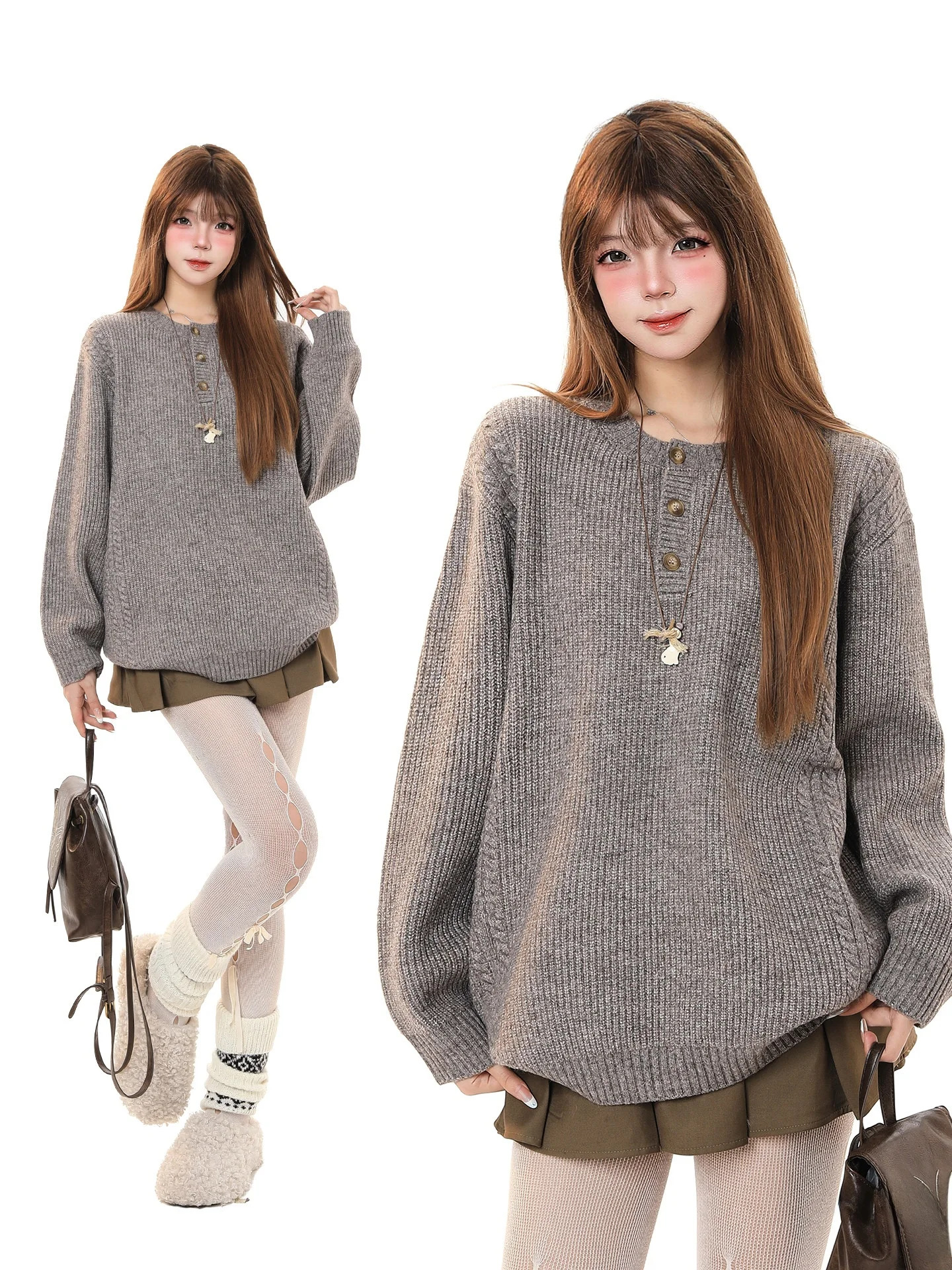 

Retro American Sle Women's Knitwear Henry Collar Loose Casual Overhead Sweater Autumn Winter New Arrival Age-Defng Versatile