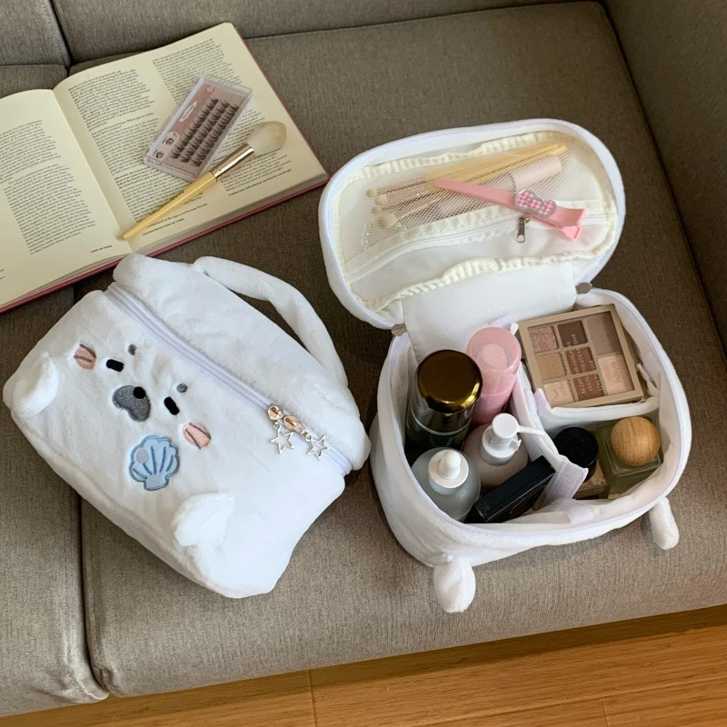 

Cute Little Seal Plush Makeup Bag Multi Compartment Zipper Large Capacity Handbag Light Portable Travel Vacation Toiletries Bag