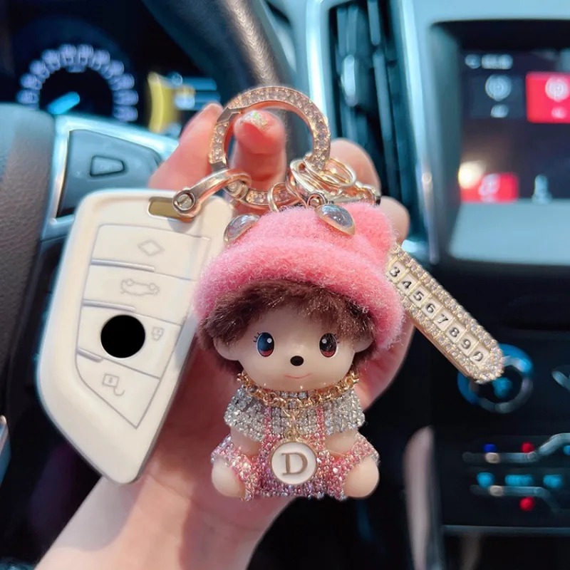 Creative Diamond Knitted Hat Doll Keychain Anti Loss Phone Number Plate Fashion Car Keychain