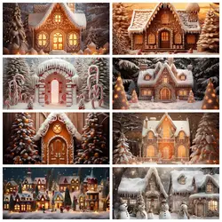 Christmas Eve Lighting Gingerbread House Photo Backdrops Winter Snow Cedar Snowfalke Sky Background Props Xmas Party Customized