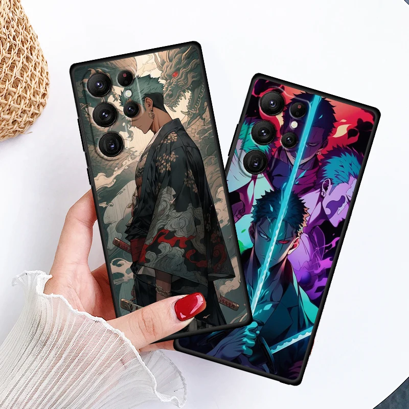 Zoro Anime One Piece Cartoon For Samsung Galaxy S24 S23 S22 S21 S20 FE S10 S10E Plus Ultra Pro Lite 5G Black Phone Case