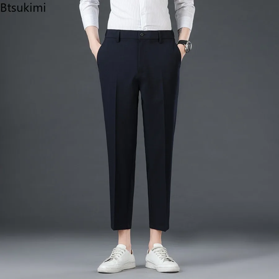 2024 Men's Korean Solid Suit Pants Spring Summer New Ankle-length Business Casual Pants Men Draped Slim Suit Trousers Oversized