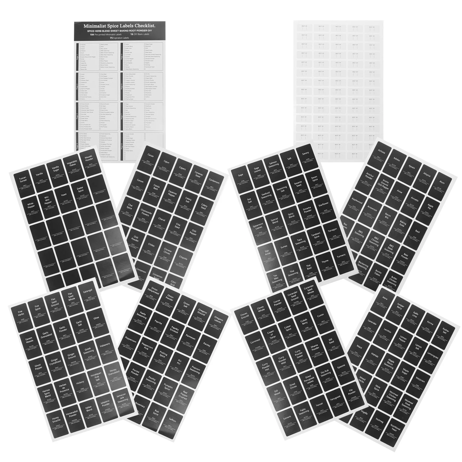 6 Blatt Etikettenaufkleber für Küchengewürzgläser, bedruckt, selbstklebende Flaschenetikettenaufkleber für die Gewürzaufbewahrung, Markierungswerkzeug