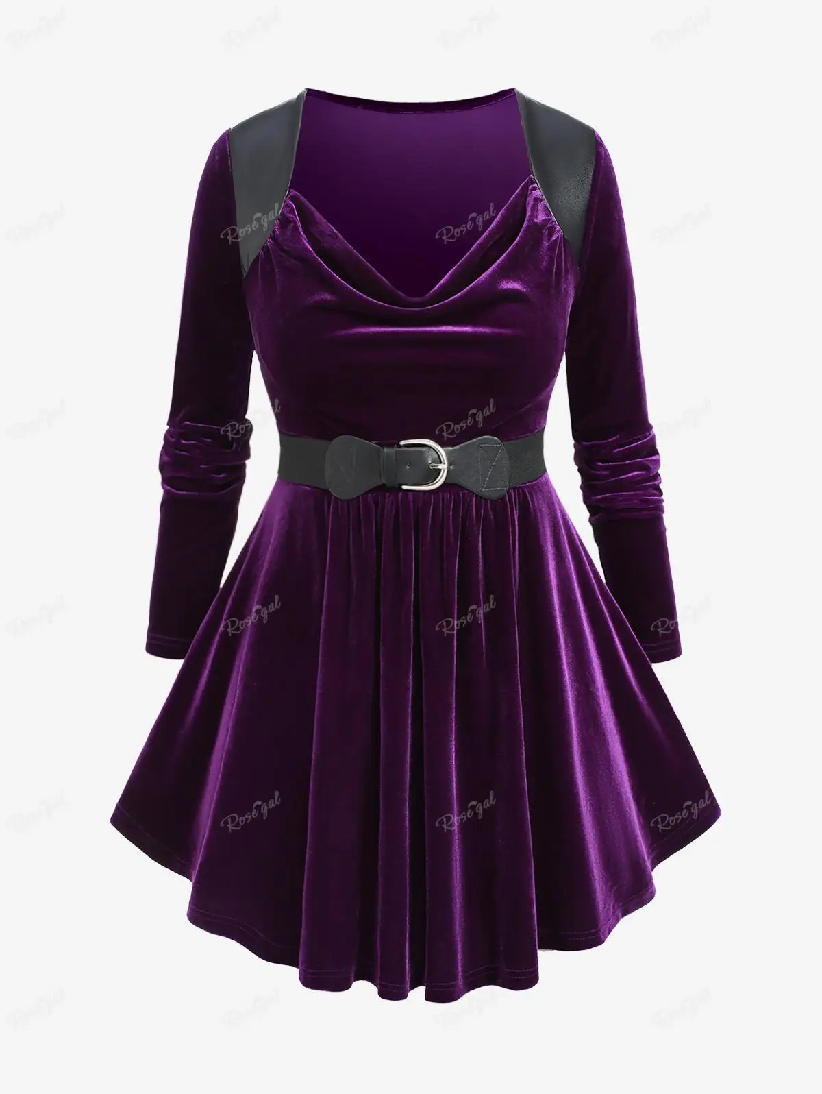 

ROSEGAL-Women's PU Panel Cowl Neck Velvet T-shirt with Buckle Belt, Ruched Blouse, Purple Tops, Plus Size, Autumn, Winter