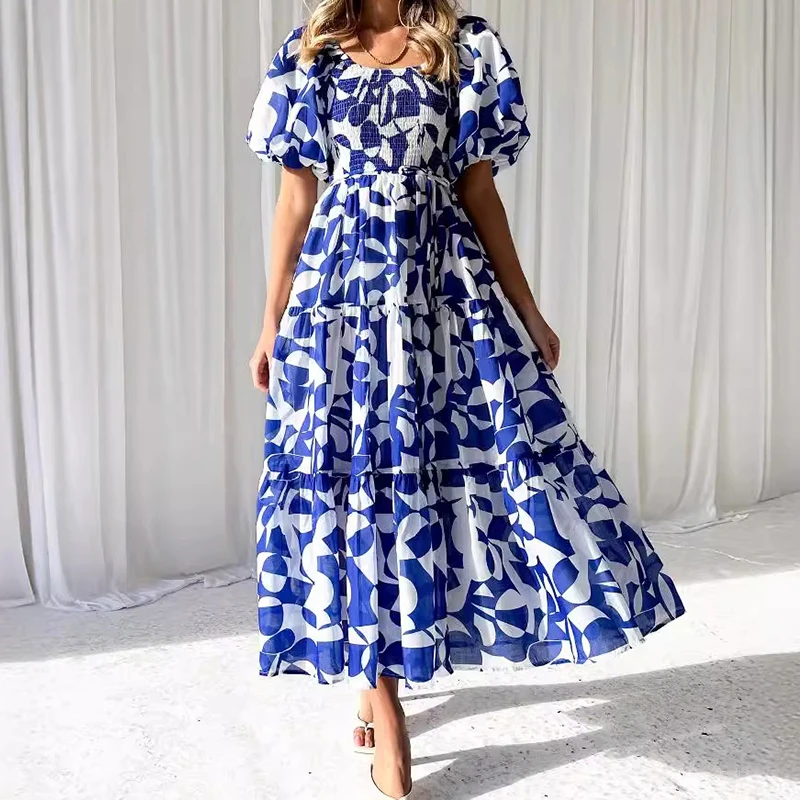 High Quality 2024 Spring Summer Collection One Shoulder Cake Skirt Printed Long Dress  Bubble Sleeves Elegant Dress ﻿