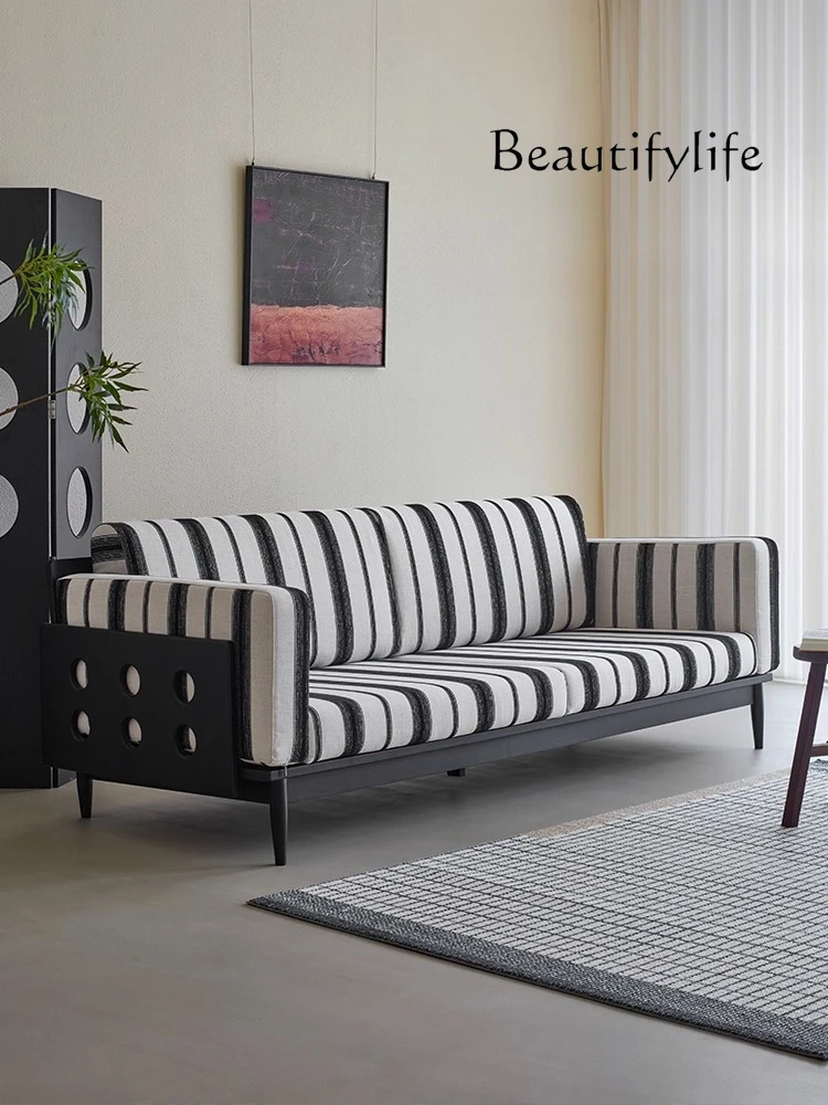 Solid wood fabric sofa retro black medieval ash wood living room three-person straight row sofa removable and washable