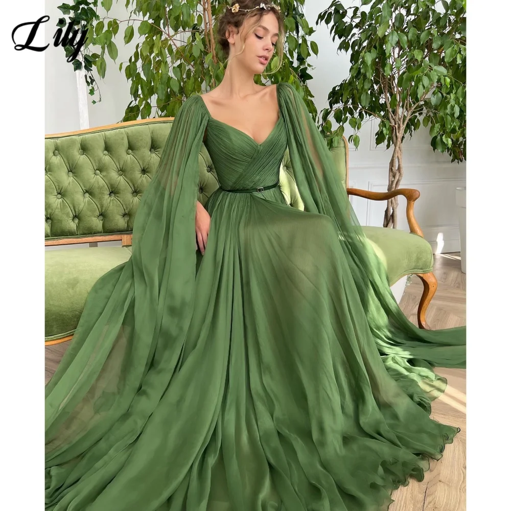 

Lily Green Elegant Prom Gown V-Neck Backless Prom Dress for Woman Tulle Pleated Beach Wedding Dresses robe de soirée de mariage