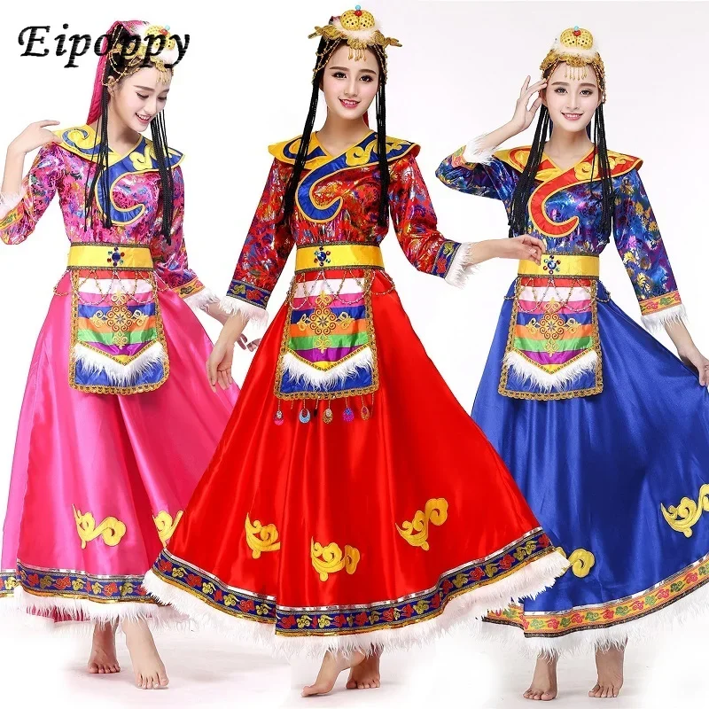 Seção longa de trajes de dança tibetana, roupas magras para desempenho, high-end, minoria feminina, adulto, mangas tibetanas, novo