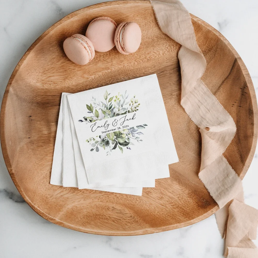 

50 pcs Greenery Personalized Wedding Napkins, Custom Wedding Cocktail Napkins, Rehearsal Dinner Napkins, Greenery Wedding Decor