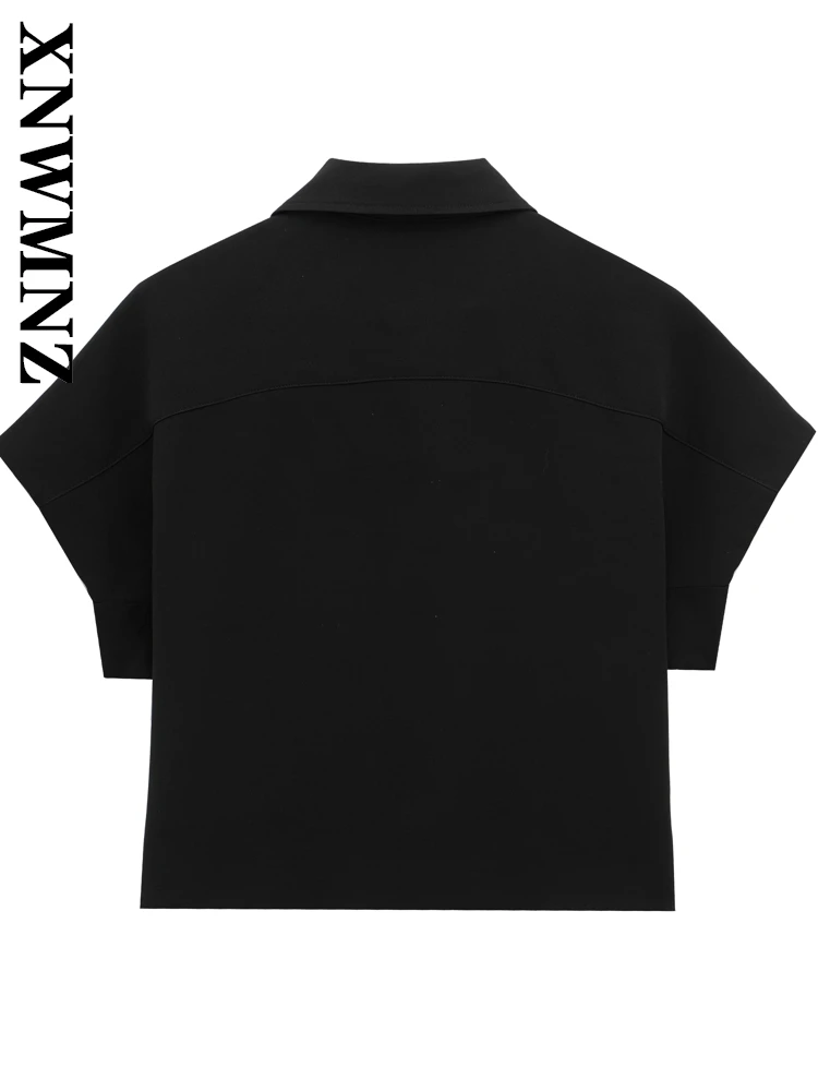 XNWMNZ 2025 Estate Donna Streetwear Colletto rovesciato Capispalla Top Fashion Lady Cappotto a maniche corte Volant Tasche Giacca con cerniera