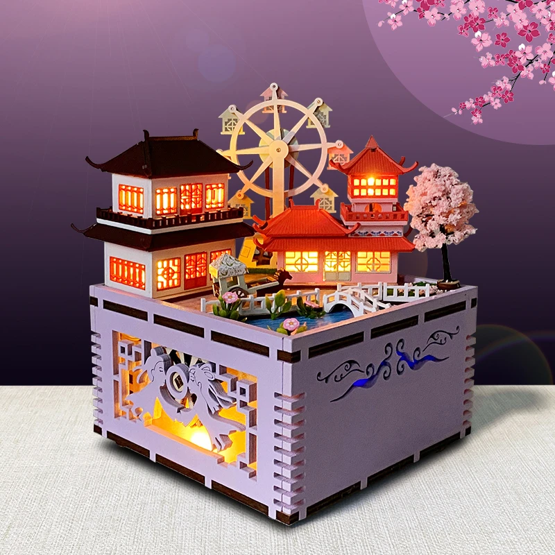 DIY Music Box With Ferris Wheel Wooden Doll Houses Chinese Ancient Casa Miniature Building Kits Dollhouse for Girls Xmas Gifts