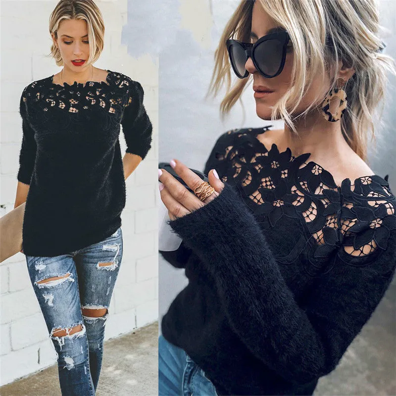 

Women's Clothing In Autumn And Winter Casual Women's New Solid Color Splicing Lace Long Sleeve Sweater Is Comfortable