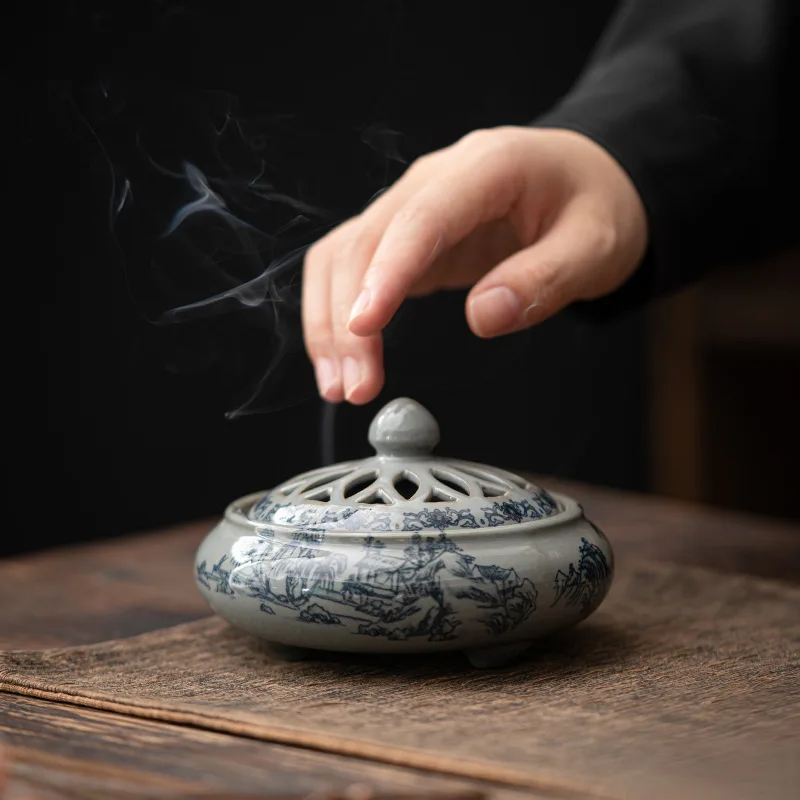 Zen Clay Pottery Blue White Porcelain Renaissance Style Ceramics Ornament Household Tea Fragrance Temple Worship Hotel Lobbies