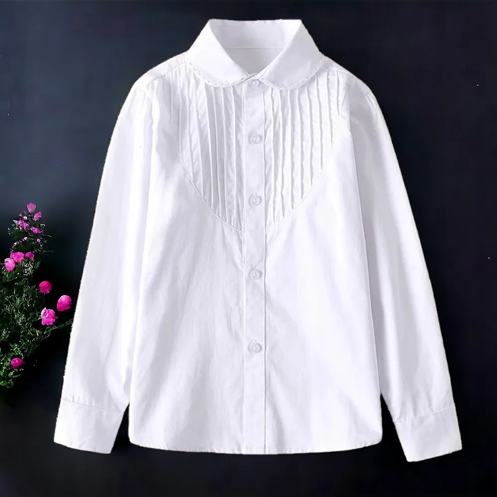 Kids Girls White Shirts for Students Uniform Long Sleeve Cotton Blouse Teenagers School Child Clothes 8 10 12 14 Years Vestidos