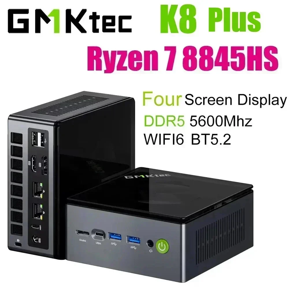 GMKtec K8 Plus AMD Ryzen 7 8845HS Mini PC Windows 11 DDR5 5600Mhz PCIe4.0 Nvme SSD WIFI6 BT5.2 Mini PC Gamer Four Screen Display