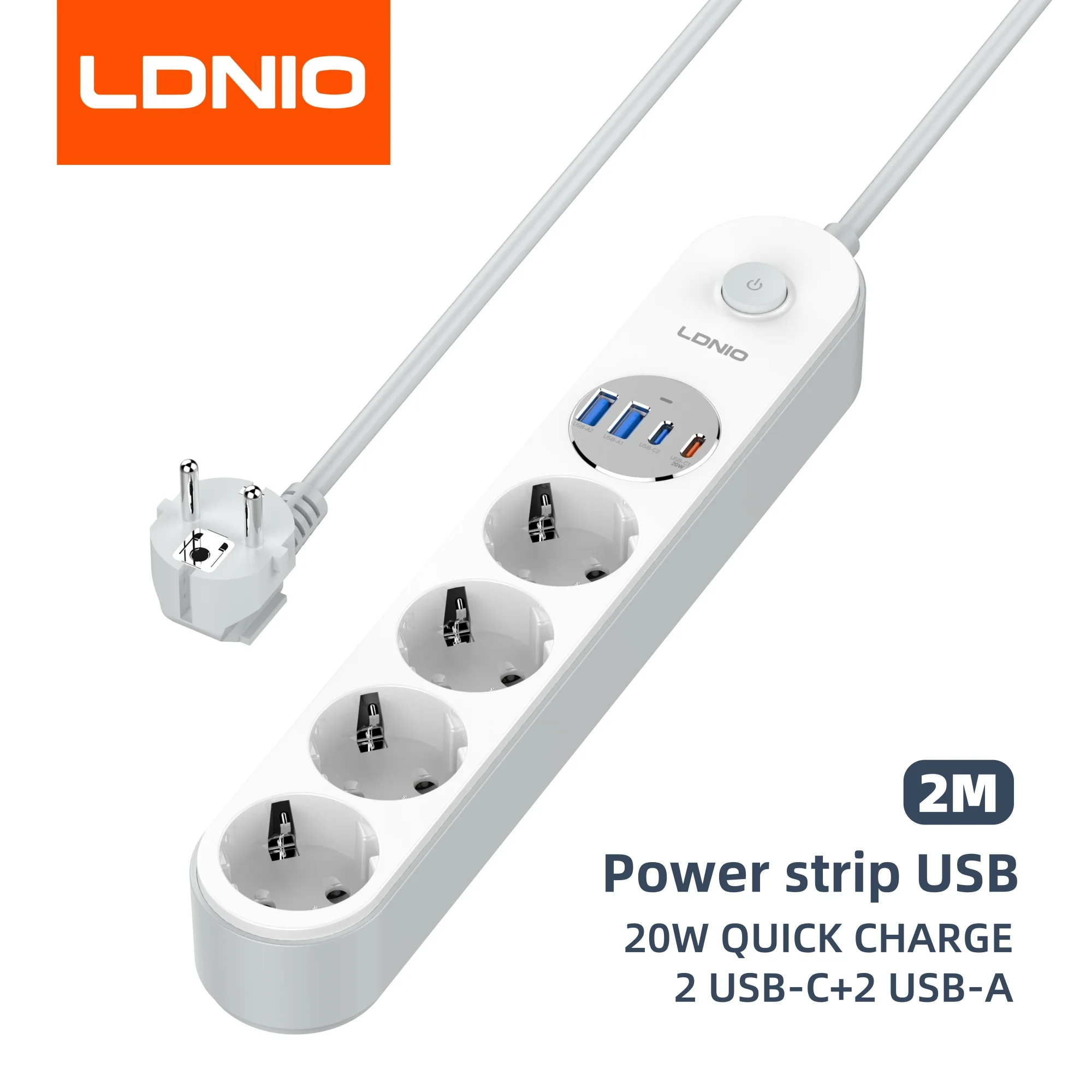 LDNIO Сетевой фильтр с удлинительным кабелем USB типа C, 2 м, тройник, розетка 220, адаптер зарядного устройства для телефона, электрический разветвитель европейского стандарта 2Type C+2USB