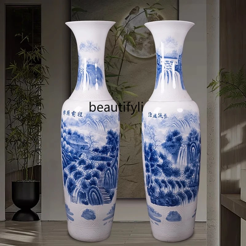 Ceramic vase hand-painted blue and white landscape floor ornament Chinese living room hotel