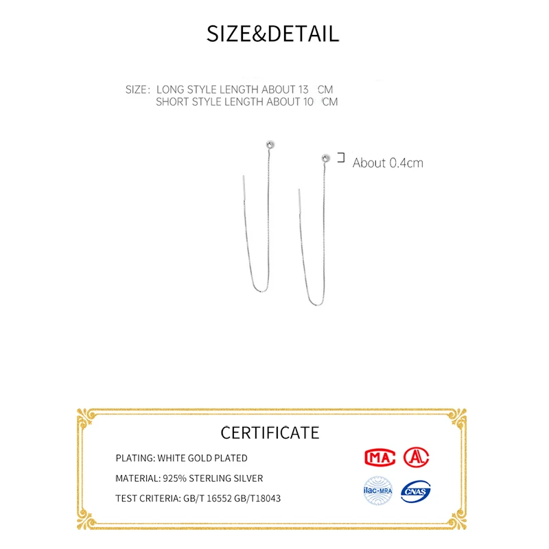 Real 925 Sterling Silver Bead Square Long Chain Tassel Drop Earrings For Women Classic Fine Jewelry Geometric Accessories