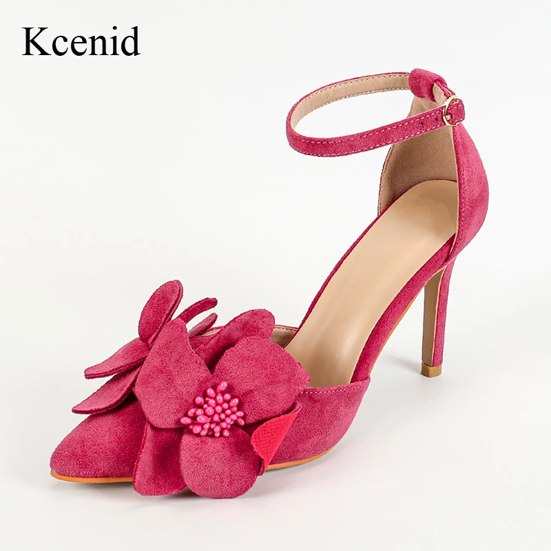 

Kcenid Shallow Stiletto Ankle Strap Wedding Shoes Summer Slip On Pumps Ladies New Flower Pointed Toe Pumps Women High Heel Shoes