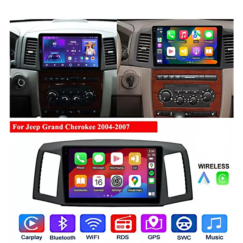 10-calowy odtwarzacz multimedialny z Androidem 15, 6+128 GB, do Jeep Grand Cherokee 2004-2007, Apple CarPlay, Auto, radio samochodowe, FM AM, jednostka główna