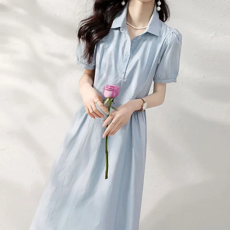 Stylish Korean Solid Color A-Line Midi Dress Women\'s Clothing Casual Turn-down Collar Button 2023 Summer Pockets Spliced Dresses