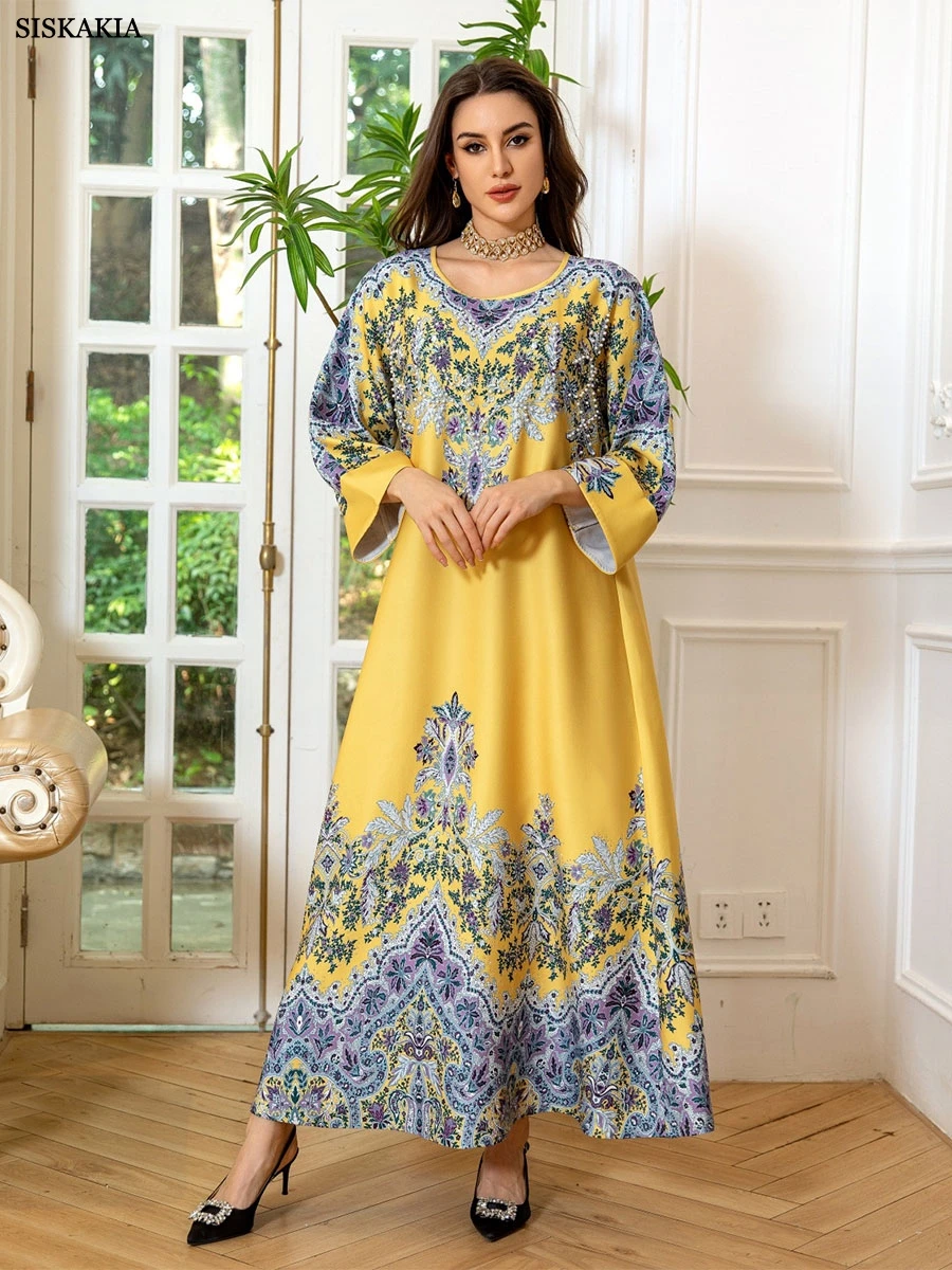 Siskakia Muslim Floral Print And Diamonds Dresses For Woman Dubai Moroccan Round Neck  Kebaya Gorgeous Party Abaya2024