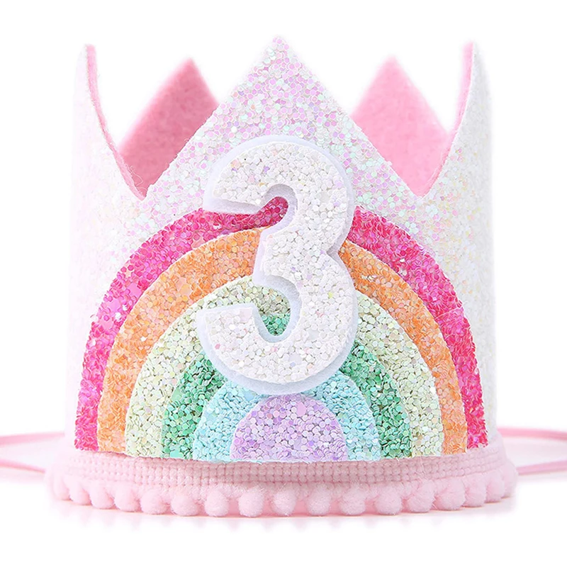 Felt Rainbow Crown Girl Birthday Party Headband 1st 2nd 3rd Birthday Party Decorations Kids Number Hat Baby Shower Unicorn Party