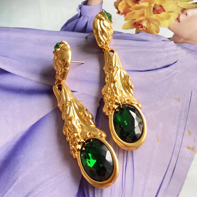 Clearance Medieval Fairy Long Brass Hand-beaten Texture With Green Glass Stud Earrings Earrings Jewelry