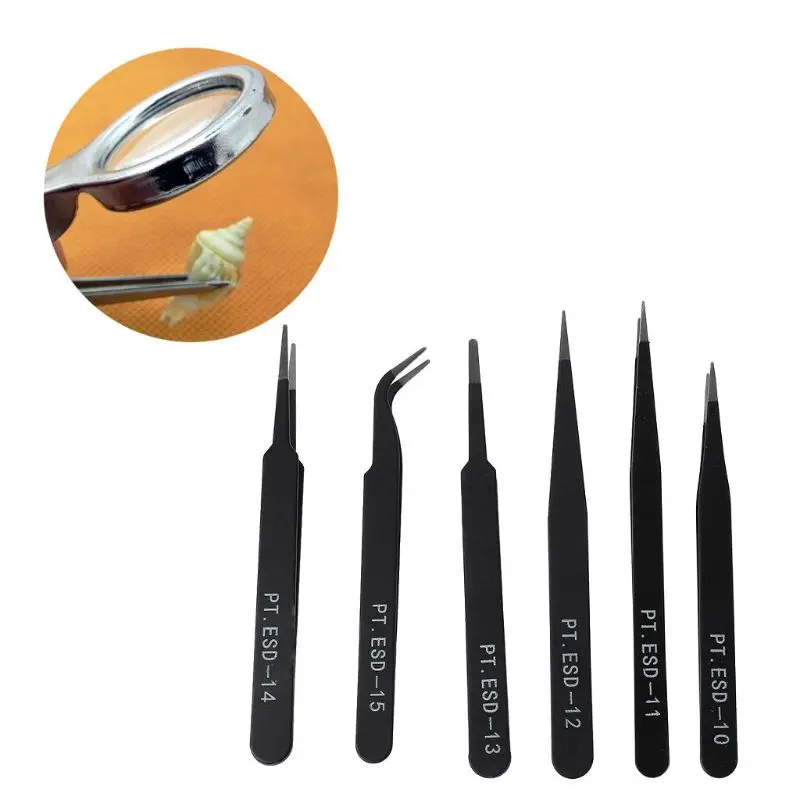 New 6Pcs/Set Resists Corrosion Safe Anti-static Tweezers Maintenance Tools ESD10-15