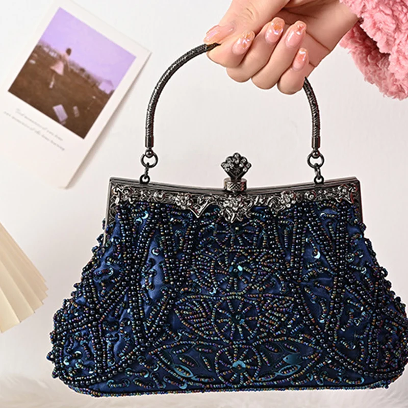 Vintage Beaded Sequin Pearl Clutch Handbag for Women 2024 Wedding Bridal Prom Party Purse with Top Handle Shoulder Messenger Bag