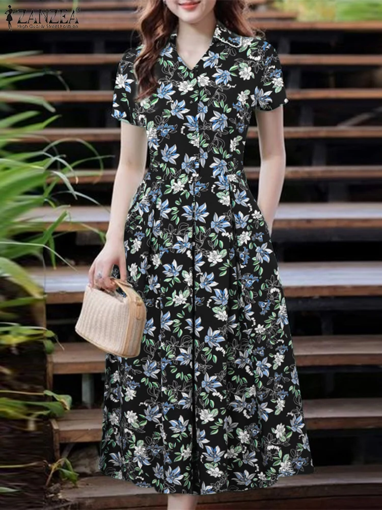 ZANZEA Bohemian Floral Printed Dress Women Summer Midi Sundress 2025 Vintage Office Ladies Vestidos Casual Lapel Neck Robe Femme