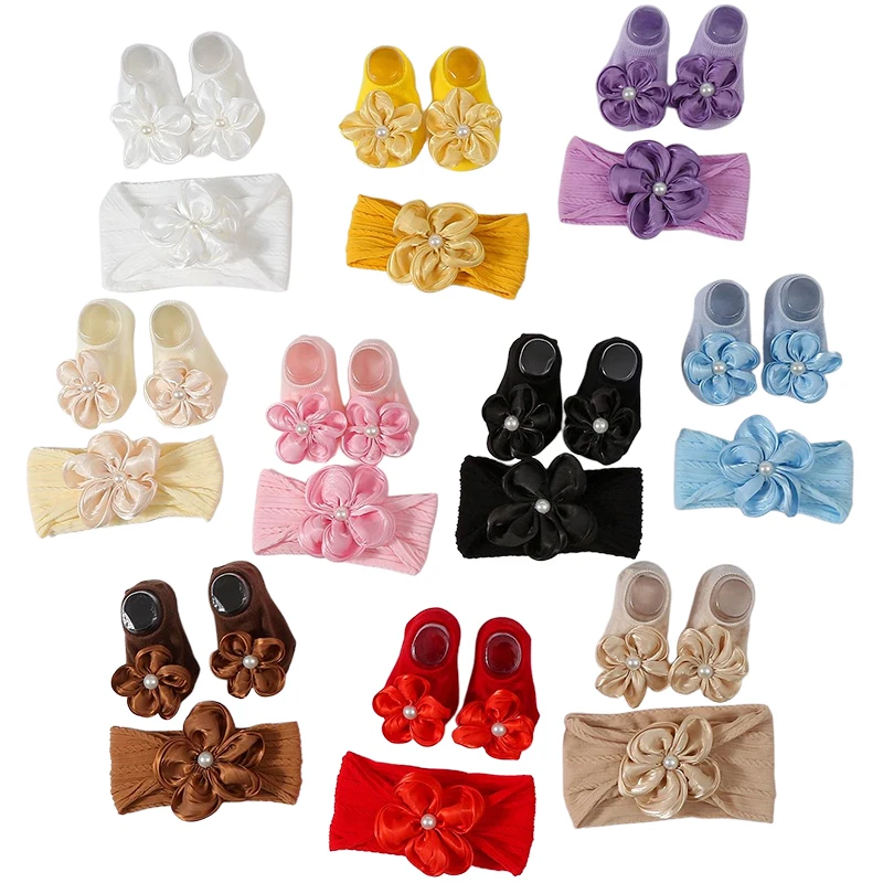 

2Pcs Flower Pearl Baby Headband Socks Set Soft Nylon Hairband for Newborn Girl Elastic Floral Turban Accessories Infant Headwear