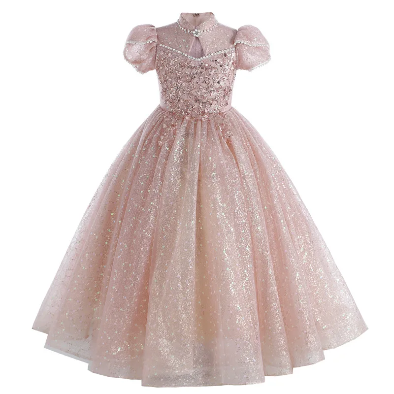 Girls First Communion Dress Children Pageant Ball Gown Girl Flower Wedding Sequins Dresses for Kids Piano Performance Vestidos