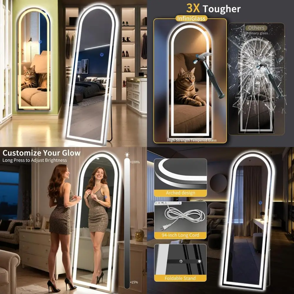 Specchio da terra a figura intera illuminato a LED, 63" x 20", luminosità regolabile, 3 opzioni di colore, specchio alto per la casa