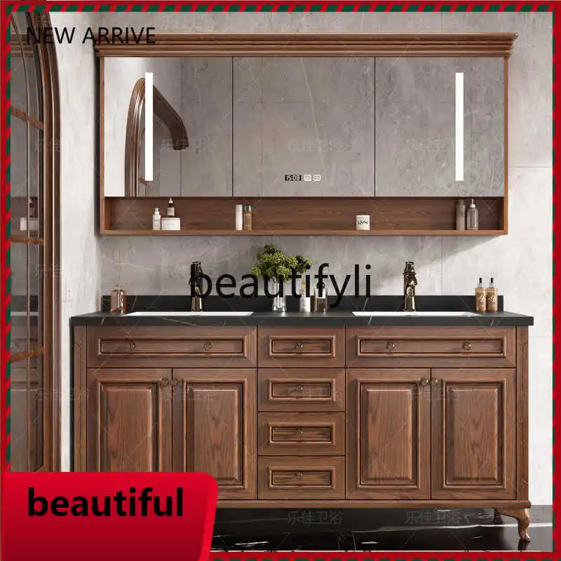 

F185 Red Oak American Bathroom Cabinet Slate Antique Solid Wood Bathroom Cabinet Toilet Wash Table Smart Mirror Hand Wash Basin