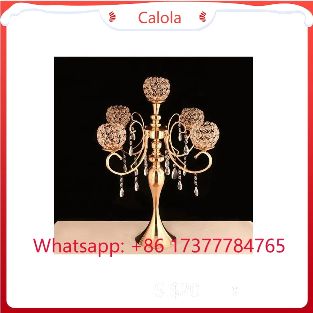 New Luxury 5 Arms Crystal Gold Candelabra Tall Handmade Wedding Party Decor