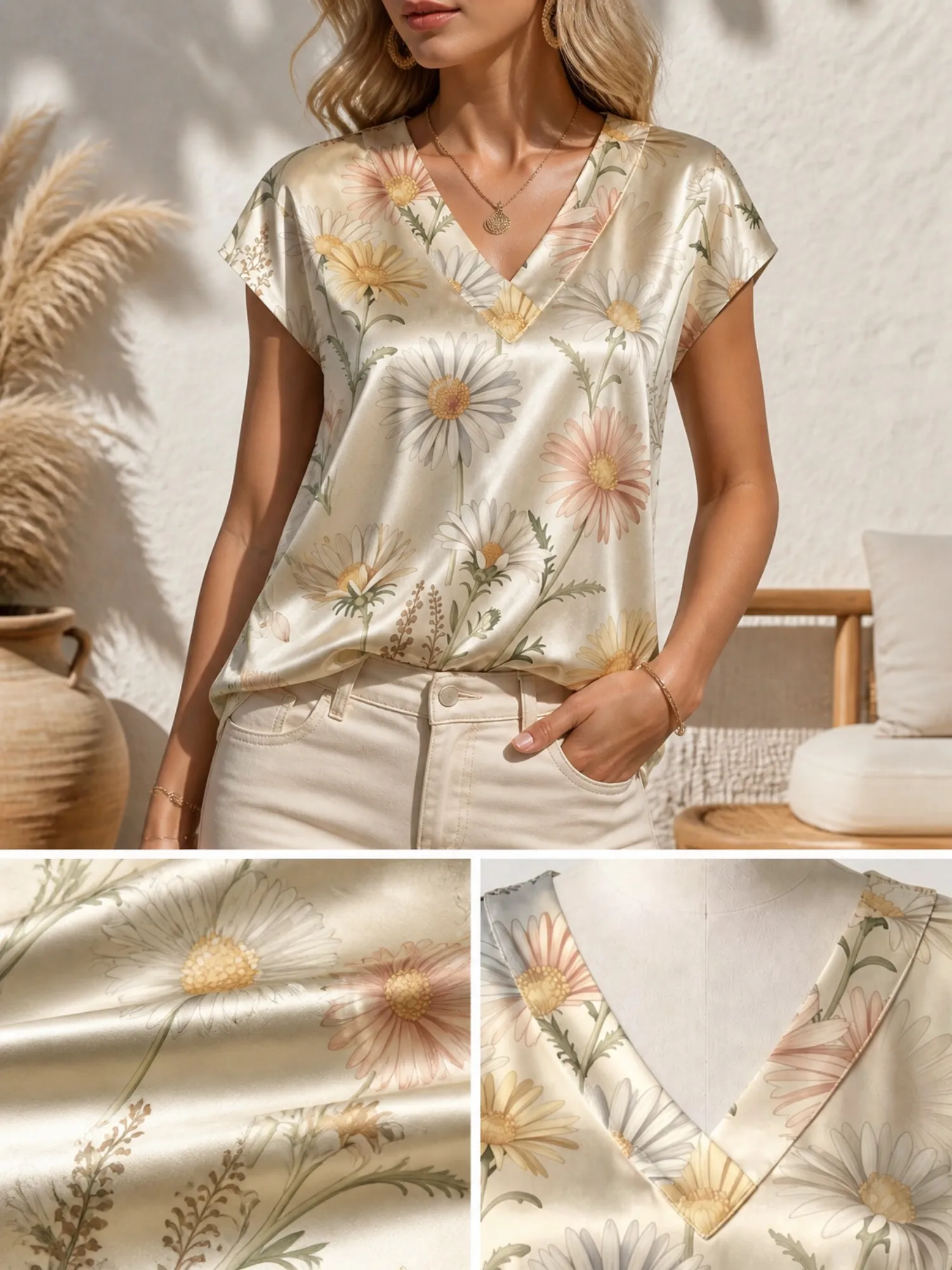 Floral Satin V Neck Top for Women Cap Sleeve Loose Draped Fit Silky Soft Resort Weekend Wear Lightweight Breathable Weekend Glam