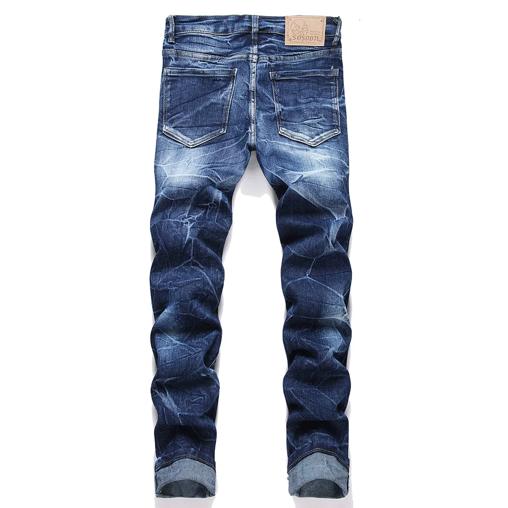 Men's Star Patches Jeans Holes Ripped Stretch Denim Pants Blue Slim Straight Trousers