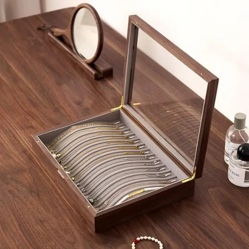 Modern Solid Wood Walnut Jewelry Storage Box with Glass Cover 13 Hooks Multi Function Necklace Organizer Space Saving Display