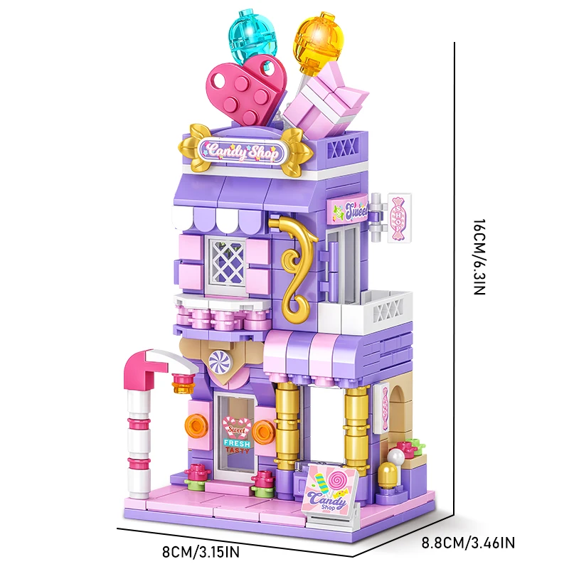 ชุดตัวต่ออาคารเมืองร้านขายลูกอมบ้านขนมปังขิงตกแต่งโต๊ะทำงานของเล่นเด็ก DIY ของขวัญคริสต์มาสและวันเกิด