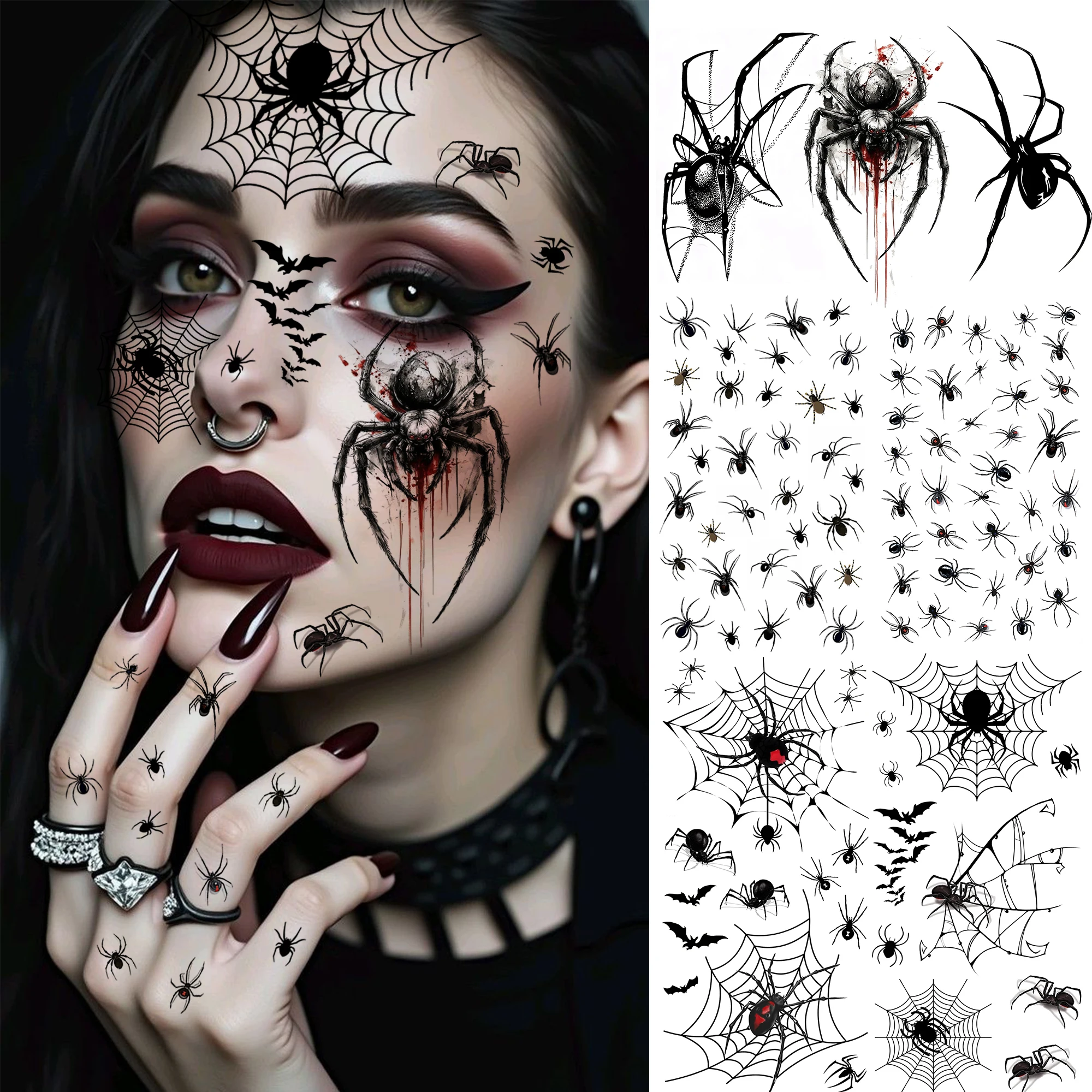 7 Sheets Halloween Horror Spider Web Blood Drip Temporary Tattoos For Adult Face Hand, Waterproof Realistic Fake Tattoo Stickers
