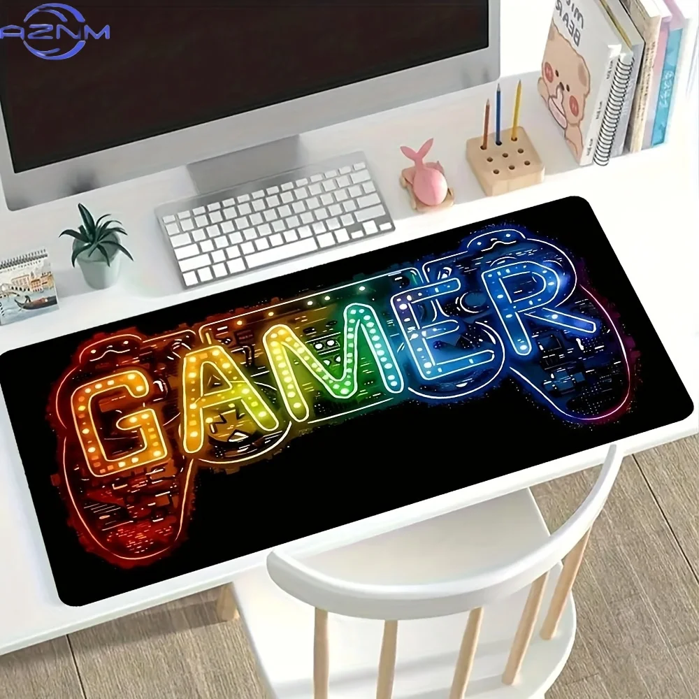1pc Large Gaming E-sports Computer Thickened Fluorescent Mouse Pad, Game Player Pattern Printed Desktop Pad, Black Non-Slip Mous