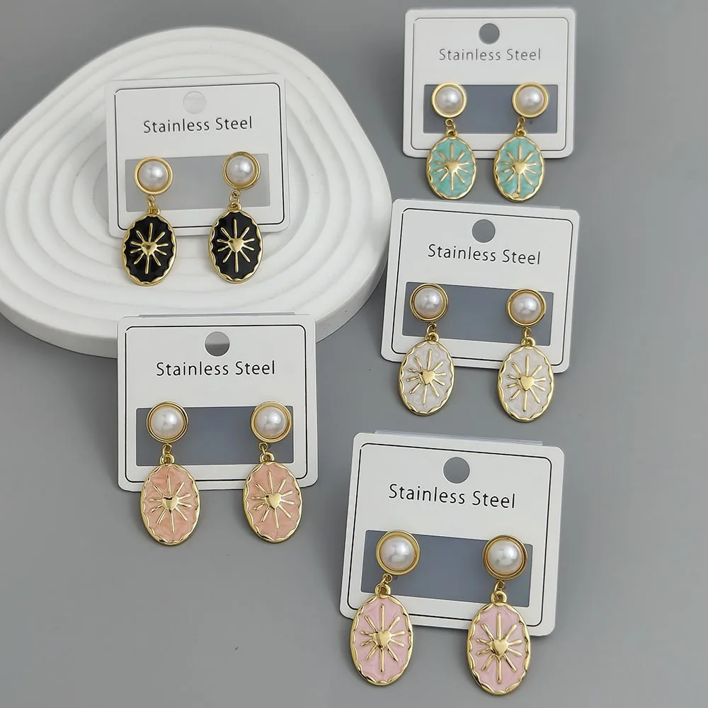 

Creative sunflower pearl colored enamel stainless steel earrings, waterproof and rusty-free women's earrings, party jewelry