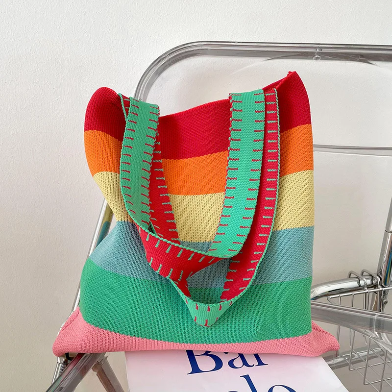 Regenboog Contrast Kleur Gestreepte Y 2K Koreaanse Stijl Schoudertas Gebreide Eco-Vriendelijke Shopper Draagtas Handgeweven Schattige Groothandel 2023 Trend